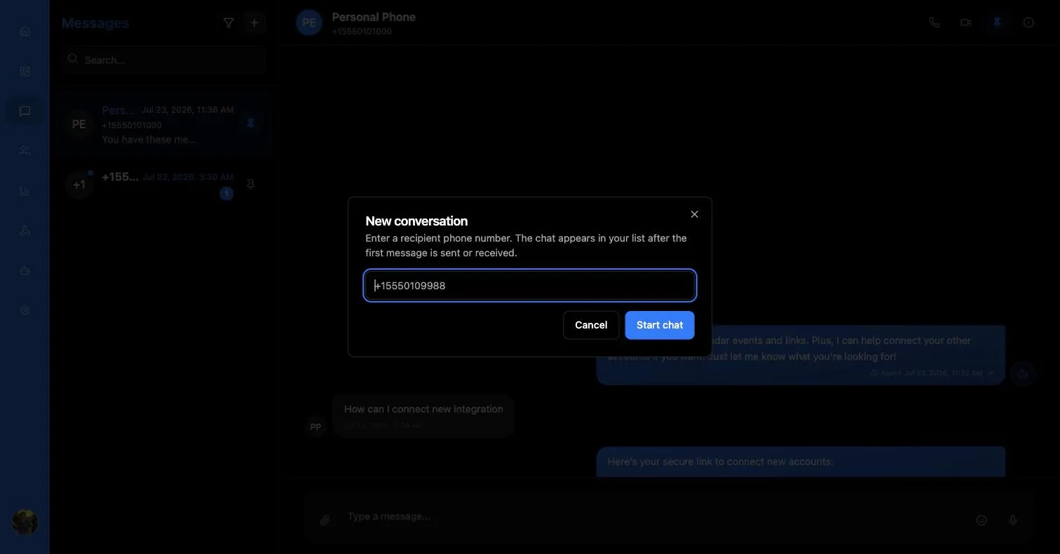 New conversation dialog with a phone number field placeholder plus15550109988, and Cancel and Start chat buttons
