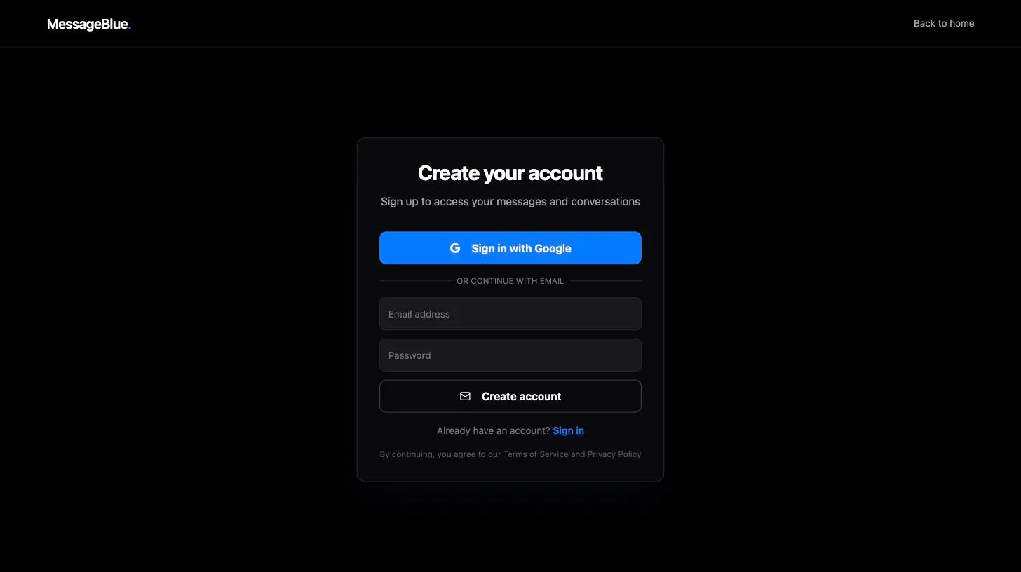 MessageBlue sign-up screen headed Create your account with a Create account button