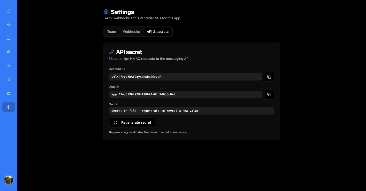Settings API and secrets tab showing Account ID and App ID with copy buttons, and a Secret field reading Secret on file, regenerate to reveal a new value