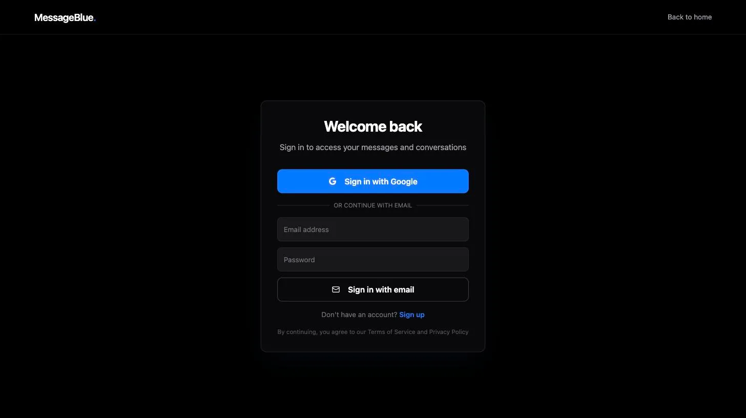 MessageBlue sign-in screen with a Sign in with Google button and email and password fields