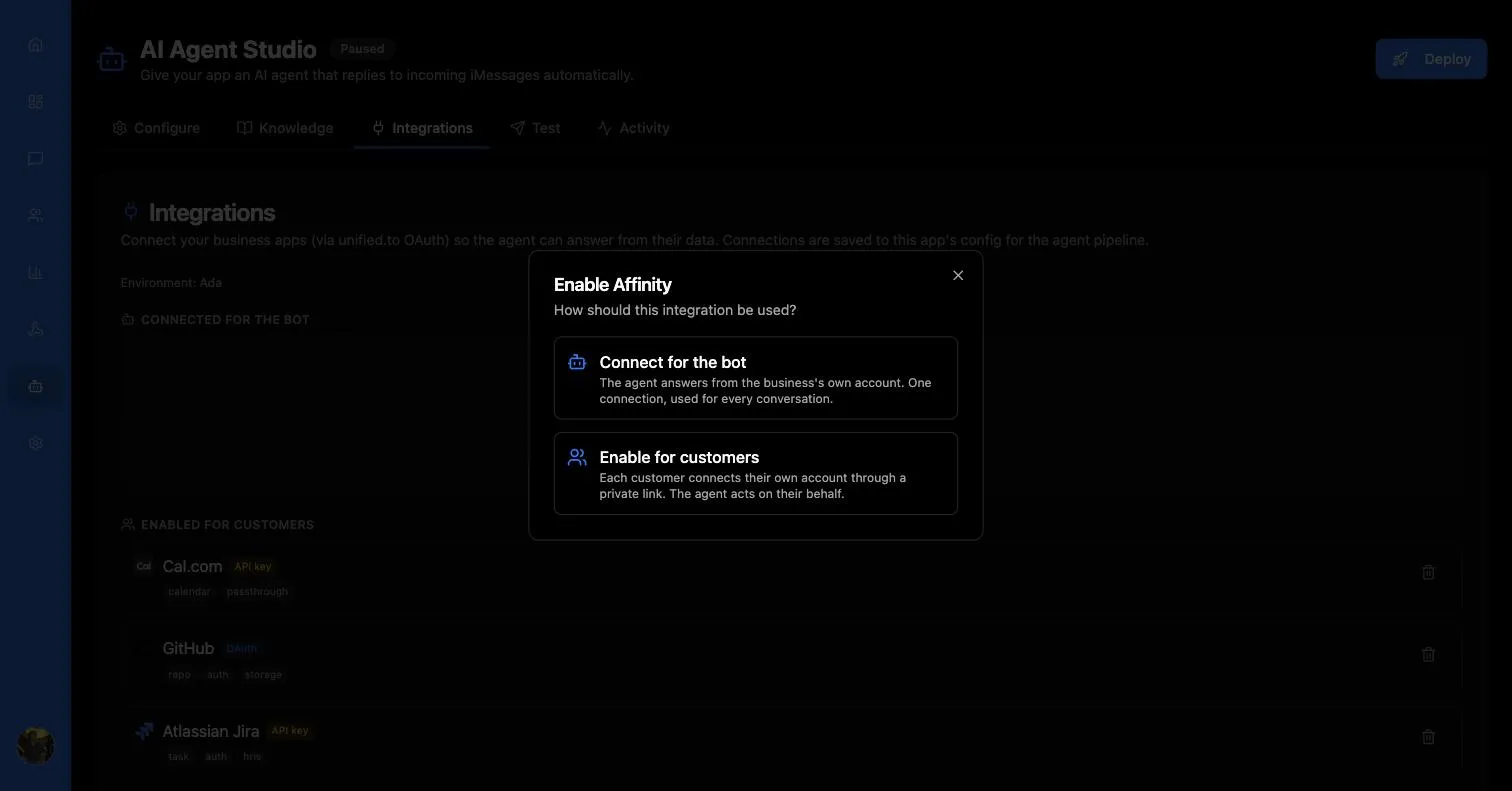Enable Affinity dialog headed How should this integration be used, offering Connect for the bot and Enable for customers