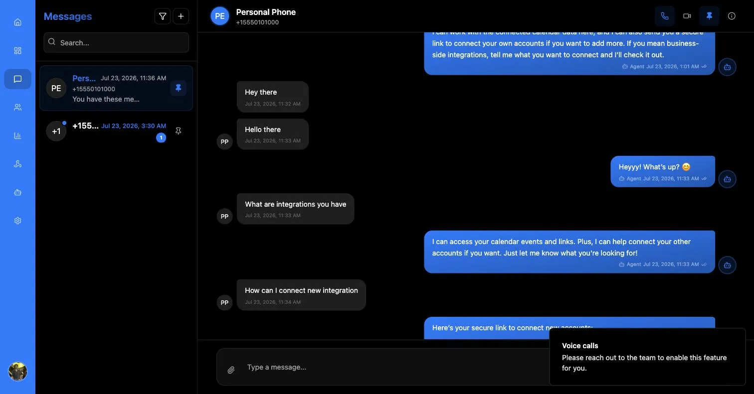 A conversation with a toast reading Voice calls — Please reach out to the team to enable this feature for you