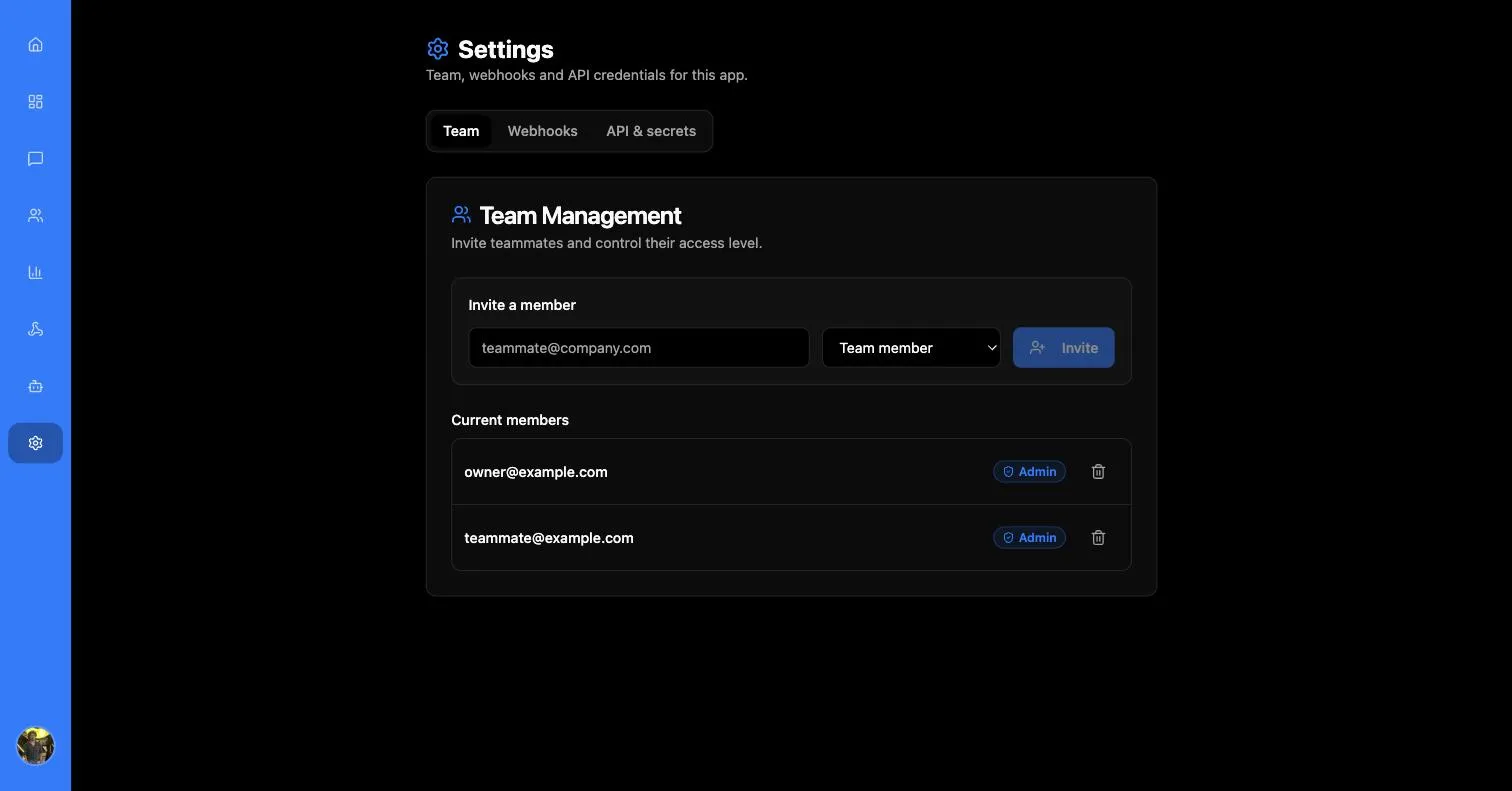 Settings Team tab with an Invite a member form and a list of current members badged Admin