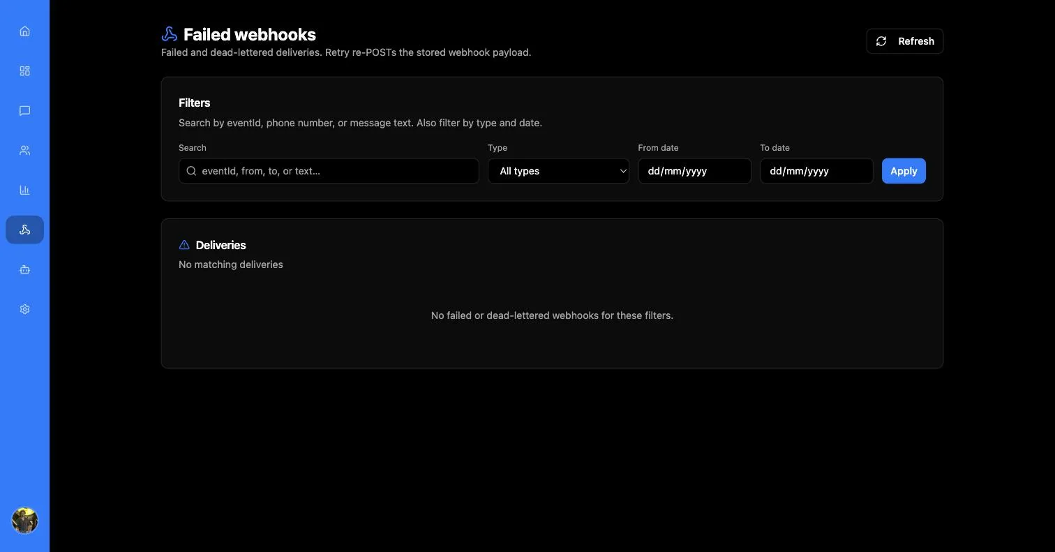 Failed webhooks page showing search, type and date filters above an empty Deliveries table