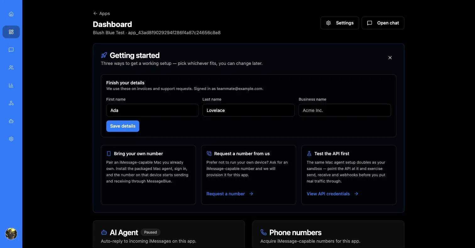 MessageBlue dashboard showing the Getting started card, an AI Agent card badged Paused, and the Phone numbers card