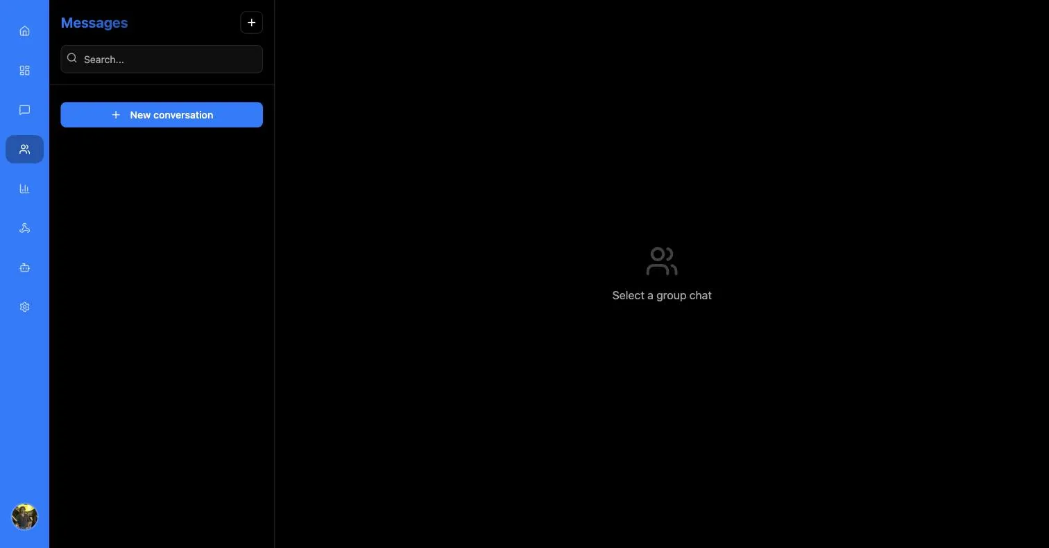Group chats screen with an empty conversation list, a New conversation button, and a Select a group chat placeholder