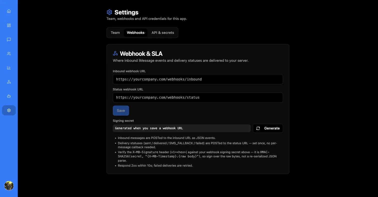 Settings Webhooks tab with inbound and status URL fields, a Save button, the signing secret with a Generate button, and four bullet points describing the contract