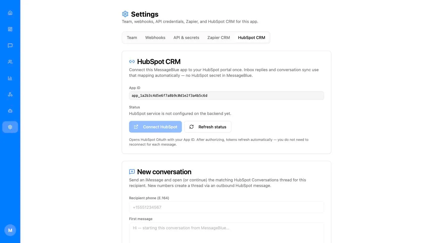 Settings HubSpot CRM tab showing an App ID field, a Status line, and Connect HubSpot and Refresh status buttons